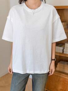 Dazy-Less Loose Simple Short Sleeve Women Solid Color Round Neck Casual T-Shirt - White - View 15