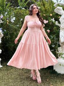 Lyrianda Abito casual vintage rosa con arricciatura in vita per taglie forti, adatto per vacanza, appuntamenti e uso quotidiano, primavera/estate