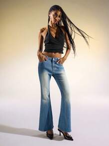 Easelle Jeans acampanados de tiro bajo con lavado vintage a rayas - Azul - Ver 2