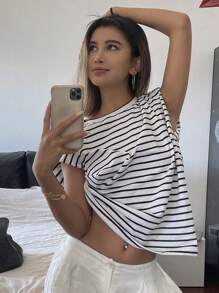 Livesso Camiseta De Cuello Redondo A Rayas Con Hombreras Para Ocasiones Casuales De Verano - Blanco y Negro - Ver 7