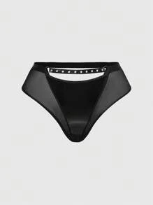 ROMWE Grunge Punk Plus Size Dark Punk Fishnet Elastic Waist Hollow Triangle Brief Panties - Black - View 1