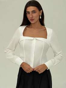 Aloruh Chemisier décontracté à manches longues et à simple boutonnage de couleur unie pour femme