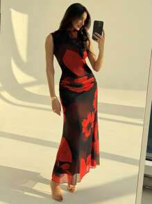 Aloruh 全新复古浪漫红色花卉印花网眼弹力修身 A 字长款度假/约会连衣裙 - 黑色 - 查看 6