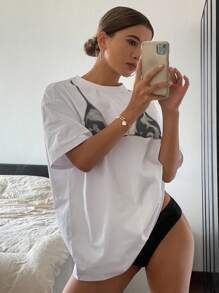 Livesso Women's Casual Round Neck Short Sleeve T-Shirt Graphic Tee Oversized T-Shirt - Apricot - View 3