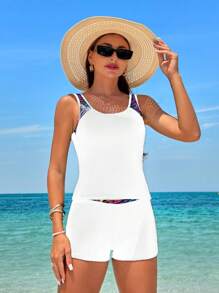 Swim Lushoire Solid Color Patchwork Sleeveless Simple Jumpsuit And 2 Pieces Swimwear Set - White - View 8