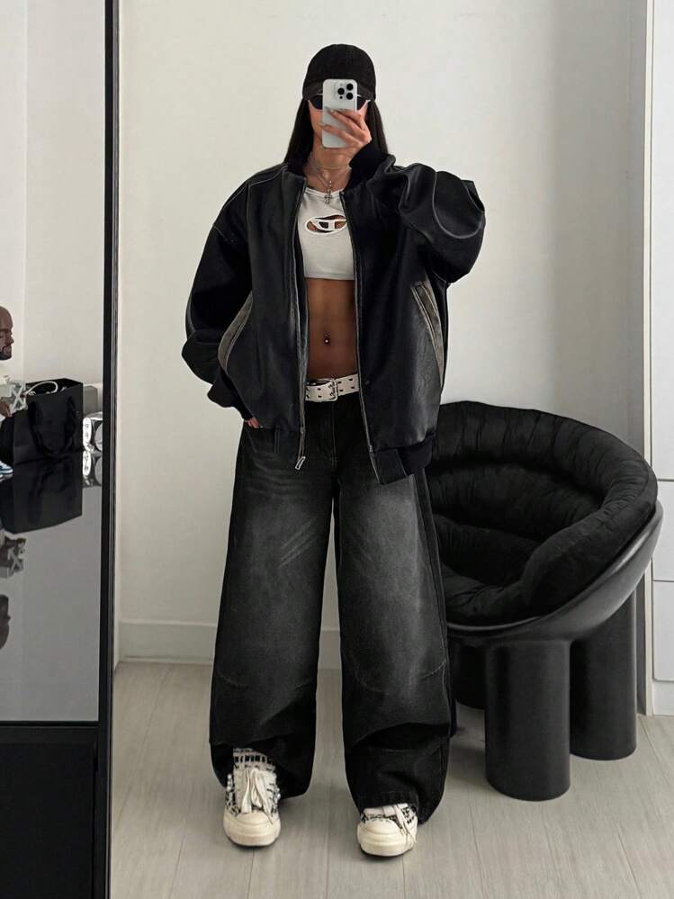 SHEIN Cottnline WOMEN WIDE LEG LOW WAIST JEANS - Black - View 4