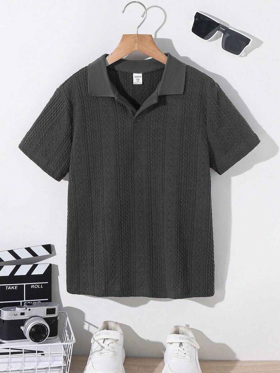 SHEIN Little Byeori 男童纯色短袖翻领Polo衫 - 深灰色 - 查看 1