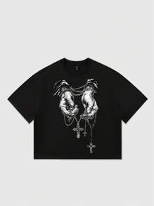 ROMWE MEN Street Life T-shirt homme Punk Rock Hip Hop imprimé de croix sombre - Noir - Voir 1