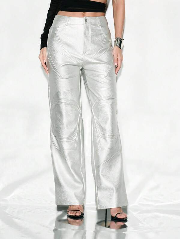 KIZN Pantalones anchos con pernera metalizado, de talle alto, estilo vanguardista, para fiestas de invierno, club, discoteca, estilo Y2K y festivales