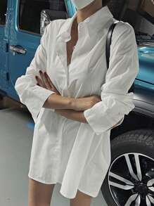 DAZY 女士纯色长袖衬衫，商务休闲风格 - 白色 - 查看 5