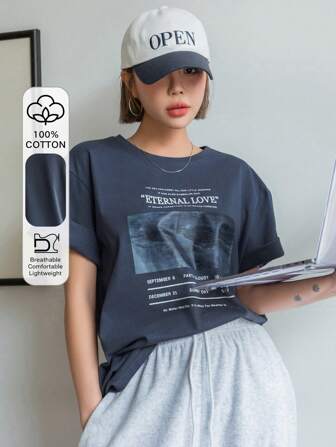 Camiseta de mujer de manga corta de verano con estampado de lema, de corte holgado y estilo minimalista casual, camiseta gráfica