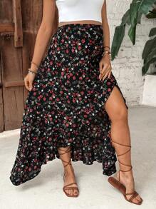 SHEIN Maternity Ditsy Floral Ruffle Hem Split A-Line Skirt - Black - View 4