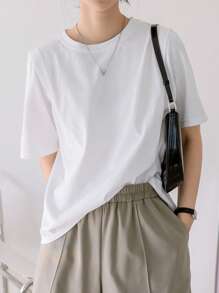 Dazy-Less 纯色圆领T恤，复古风，夏季商务休闲女士工作服 - 白色 - 查看 11