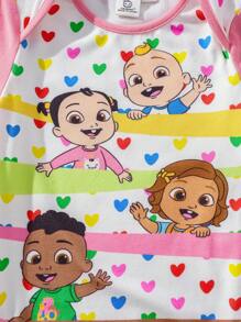 CoComelon X SHEIN Baby Girl Cute Character Colorful Heart Print Pink & White Bodysuit & Adorable Pink Bow Headband Set - White - View 3