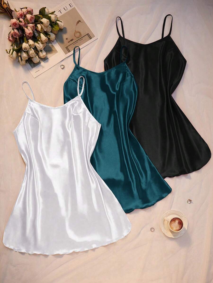 SHEIN MuseNap CURVE 3pcs Set Plus Size Faux Silk Side Slit Dress Combination - Multicolor - View 1