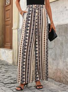 SHEIN Clasi Vakantie-outfits voor dames, zomerse elegante damesprint in boho-stijl met geometrische print, elastische tailleband, verstelbare vetersluiting, rechte pijpen en wijde pijpen, geschikt om te dragen bij verschillende gelegenheden