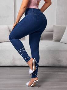 SHEIN Essnce Quần Jeans Denim Ôm Vừa Cạp Cao Cho Nữ - Rửa tối - Xem 2
