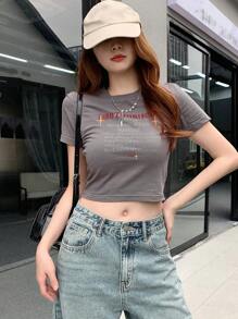 DAZY 女式夏季休闲标语印花圆领短袖 T 恤、女式短款上衣、图案 T 恤 - 灰色 - 查看 6