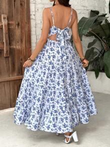 SHEIN Maternity Floral Print Multi-Layered Ruffle Hem Spaghetti Strap Vacation Dress - Blue and White - View 2