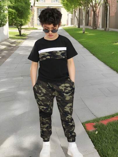 SHEIN Tween Boy Camo Colorblock Top & Pants Set