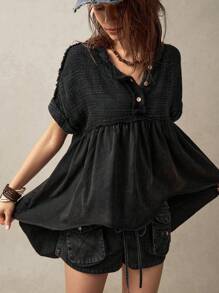 Bohemela Plus Size Casual Solid Color Patchwork Crew Neck Short Sleeve T-Shirt,Vintage - Black - View 8