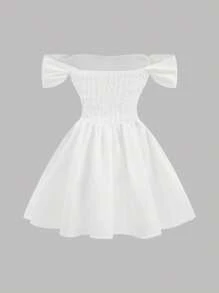 SHEIN Tween-Mädchen Off Shoulder Weiße Kleider aus strukturiertem Stoff mit taillierter Taille