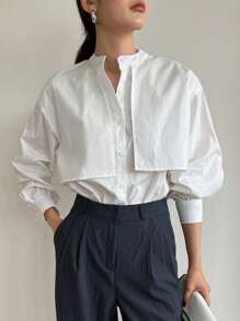 Dazy-Less Solid Button Front Drop Shoulder Shirt Old Money Style Business Casual Women Long Sleeve Top - White - View 4