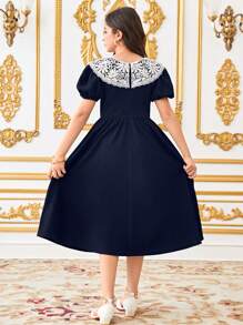 SHEIN Leap Crew Tween Girl Fitted Custom Embroidered Ruffle Collar Casual Puff Sleeve Dress - Navy Blue - View 4