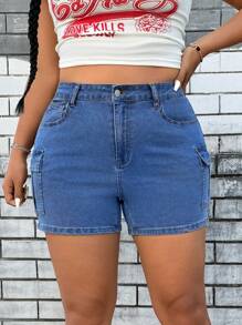 SHEIN ICON Plus Size Women Casual Cargo Pockets High Waist Denim Shorts