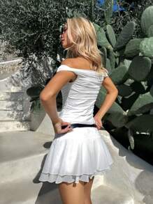 SHEIN EZwear White Mesh Off Shoulder Gathered Ruffled Hem Mini Dress, Summer - White - View 2