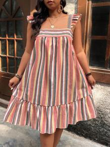 Breezaya Plus Size Women Striped Print Ruffle Hem Peplum Cap Sleeve Dress - Multicolor - View 1