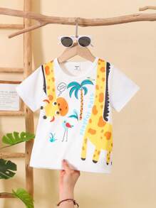 SHEIN Young Boy Cute Cartoon Letter Print Round Neck Short Sleeve T-Shirt Tshirt For Kids T Shirt For Kids Summer Clothes For Kids Kids Tops Summer Summer Shirts For Kids Giraffe - White - View 1