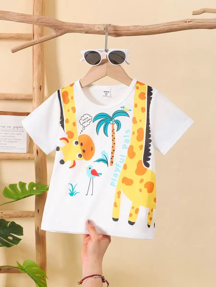 SHEIN Young Boy Cute Cartoon Letter Print Round Neck Short Sleeve T-Shirt Tshirt For Kids T Shirt For Kids Summer Clothes For Kids Kids Tops Summer Summer Shirts For Kids Giraffe - White - View 1
