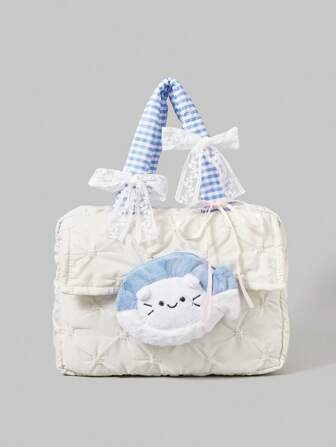 Kawaii Cat Eating Fish Pattern Laptop Bag, Casual Minimalist Organizer Bag For Everyday Use
