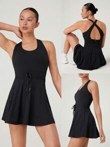 GLOWMODE Vestido con shorts incorporados, de efecto escotado, con tirantes cruzados, cintura con cordón y copas incorporadas FeatherFit™-Air, para uso casual, activo y de tenis de bajo impacto