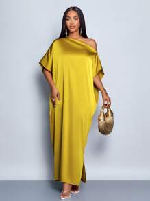 SOLERSUN 女士优雅不对称领口纯色长肩带休闲缎面连衣裙