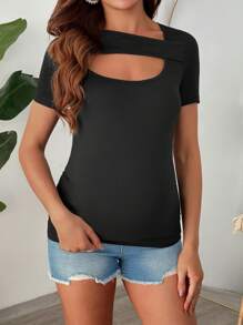 SHEIN Pregnant Women Scoop Neck Hollow Out Short Sleeve Elastic T-Shirt And Pants Set - Black - View 3