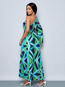 SOLERSUN Women's Fashion One Shoulder Long Sleeve All Over Printed Ruffled High Slit Maxi Dress For Vacation (Random Floral)