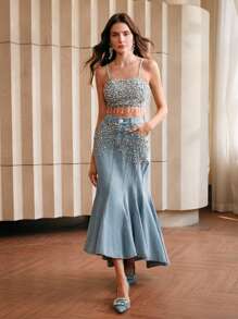 Anewsta Rhinestone Embellished Fashionable Luxurious Denim Skirt For Women - Blue - View 3