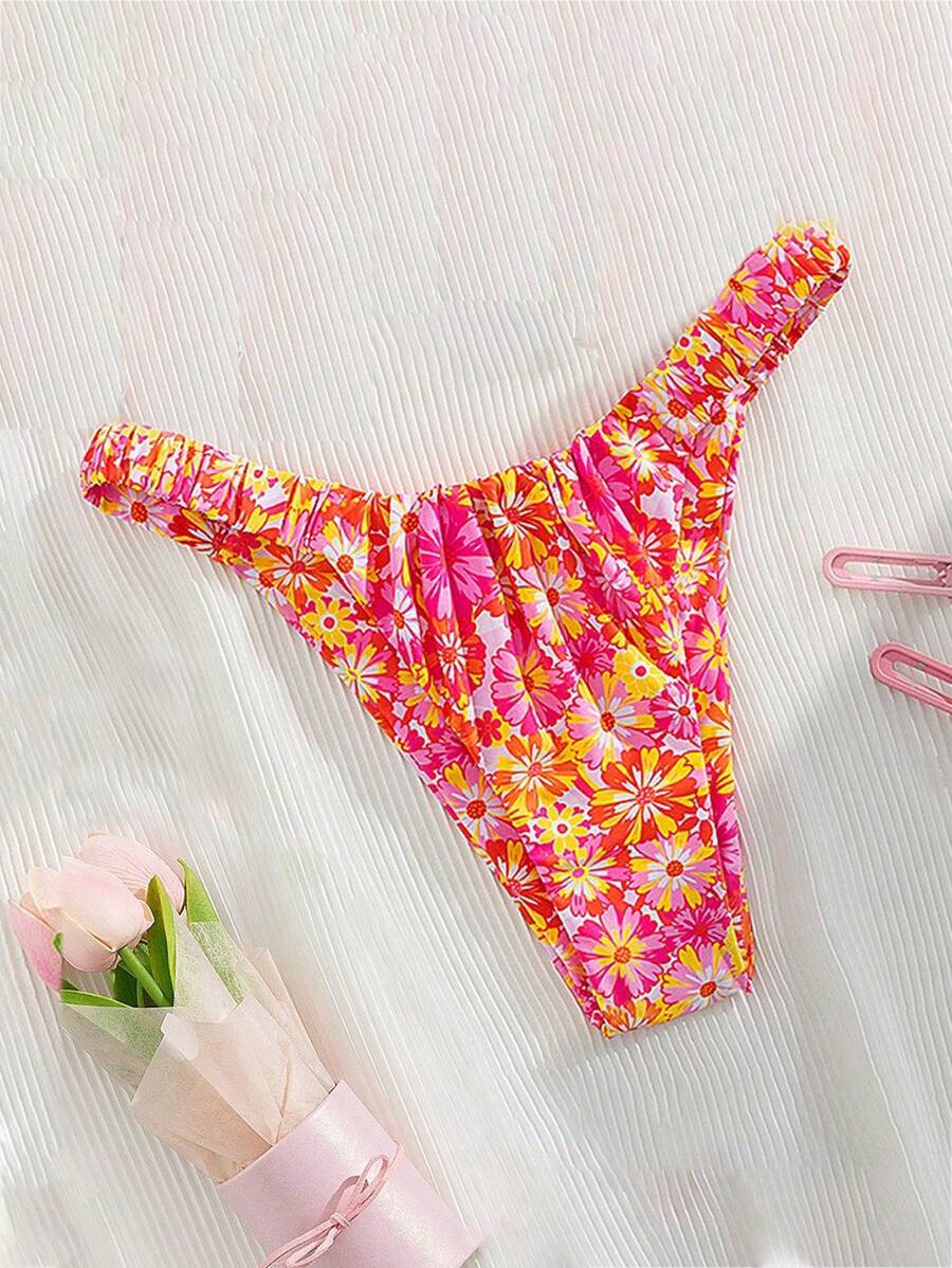 Swim Mod Spring Break Tropical Floral Ruffled Wide Strap Bandeau Fashionable Sexy Women Swimwear Bottom For Summer Beach Vacation - Multicolor - View 1