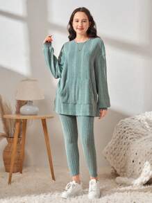 SHEIN 青少年女孩落肩袖下擺開叉上衣和緊身褲套裝 - 薄荷綠 - 查看 3