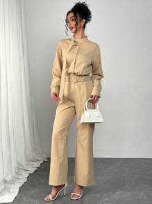 Modelyn 女士新款时尚立领两件套，包括宽松休闲阔腿裤和系带长袖衬衫 - 卡其色 - 查看 6