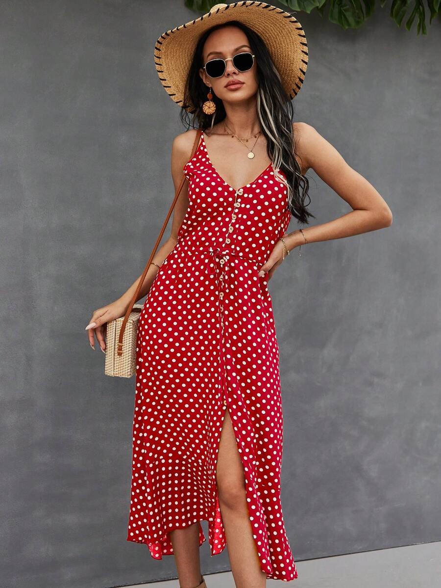 Breezaya Đầm Maxi Chấm Bi Có Dây Rút Cài Nút Cho Nữ Đi Biển Mùa Hè - Đỏ - Xem 1