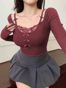DAZY Lace Splice 2 In 1 Fitted Women Tee Long Sleeve Women Tops,Fall Women Clothes - Burgundy - View 1