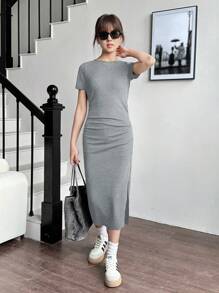 SHEIN Tienermeisjes Rib gebreide taille gerimpelde split casual jurk