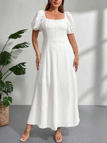 Firerie Falda A-line blanca con cuello cuadrado, extra larga y con forro para mujer de talla grande, elegante y romántica para la temporada de bodas