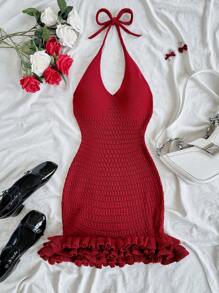 Soleia Vacation Backless Ruffled Halter Sweater Dress - Red - View 4