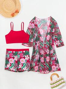 SHEIN Swim 3pcs/Set Women Assorted Print Beach Wear Outfits - Spaghetti Strap Top, Shorts, And Cover-Up Kimono, For Spring Break/Summer Vacation - Multicolor - View 7