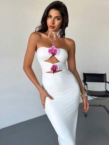 Firerie Vestido midi strapless ceñido al Body de color blanco con diseño calado de flores de orquídea, elegante, minimalista, intrincado, romántico y encantador para bodas, fiestas, festivales de música, vacaciones en la playa, primavera/verano