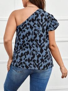 SHEIN Clasi Plus Size Casual Commuter Full Print Asymmetric Collar Cap Sleeve Shirt